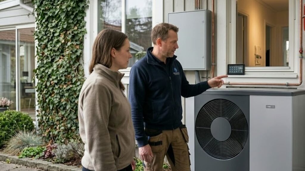 VVS-tekniker visar husägare hur många kilowatt en värmepump drar i timmen vid villa i Stockholm