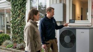 VVS-tekniker visar husägare hur många kilowatt en värmepump drar i timmen vid villa i Stockholm