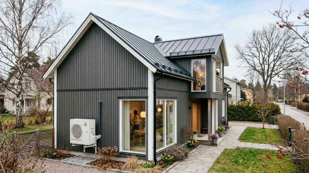 Villa där man analyserar hur många kWh en värmepump drar per dag