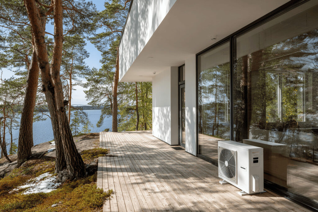 Nyinstallerad luft vatten värmepump vid modern villa på naturtomt i Stockholm