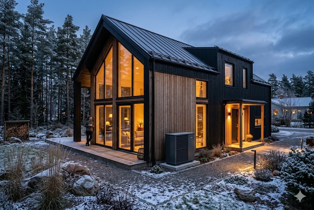 luft vatten värmepump installerad vid modern svensk villa som exempel på vilken värmepump är bäst