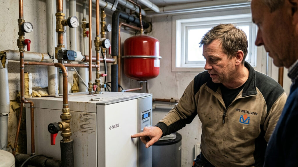 VVS tekniker felsöker problem med värmepump i april i teknikrum