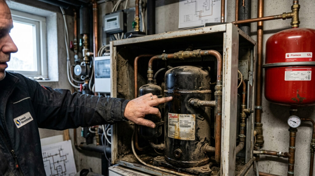Närbild på trasig kompressor i värmepump med tydliga tecken på slitage