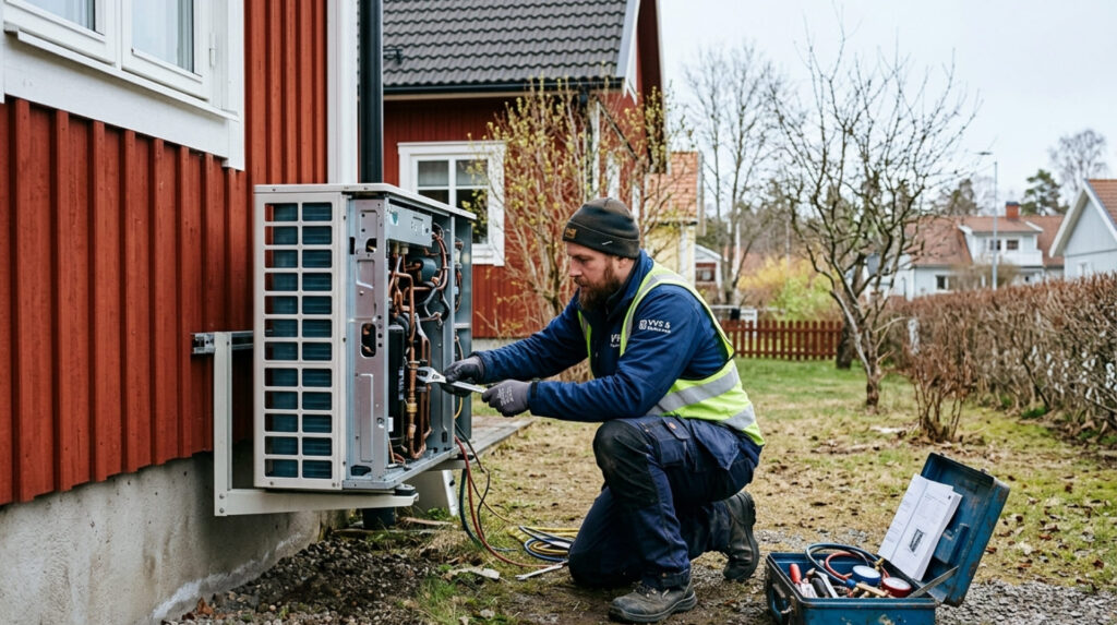 VVS tekniker reparerar trasig kompressor i värmepump vid husvägg i svensk villa.