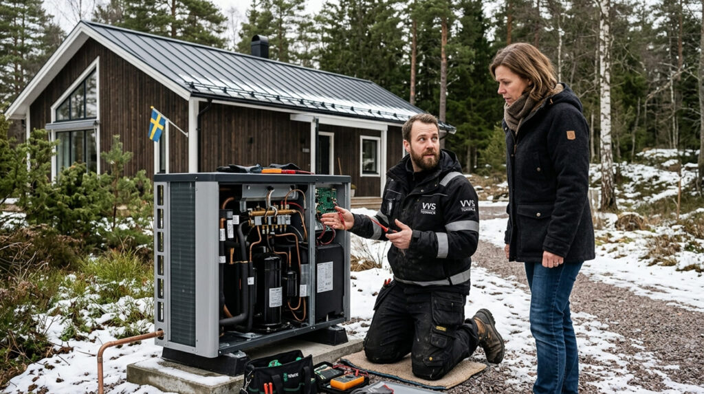 VVS tekniker felsöker trasig kompressor i värmepump vid villa i Stockholm