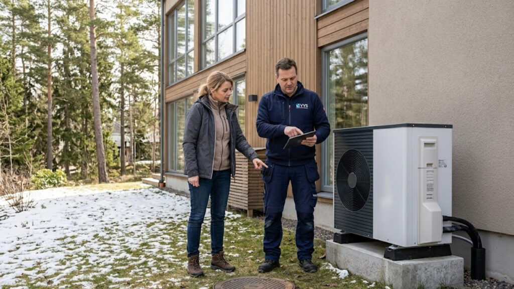 VVS tekniker visar husägare vilken värmepump är bäst 2026 i villa vid bergvärmeinstallation