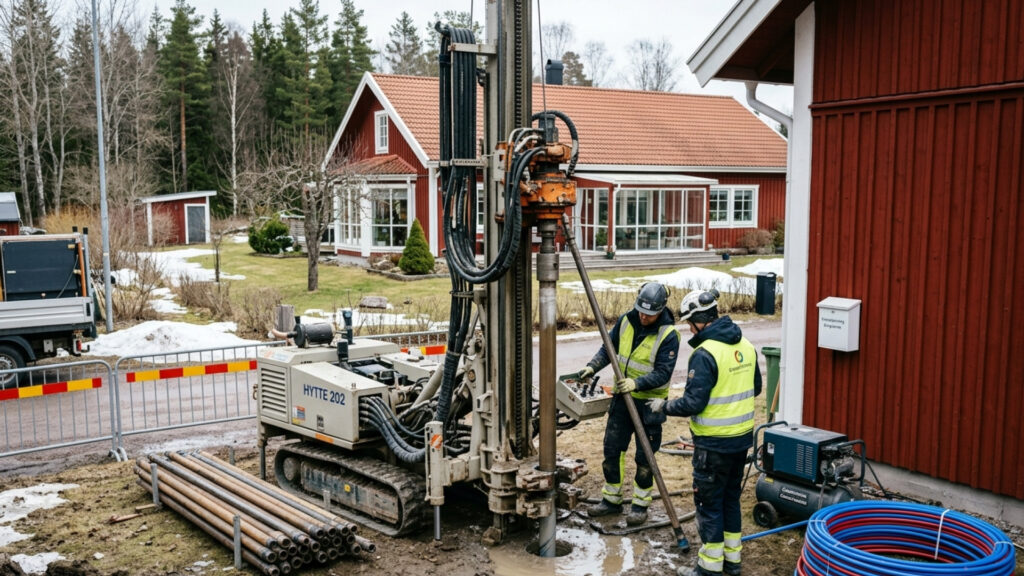 borrhål för bergvärme som visar hur en värmepump i en villa hämtar energi