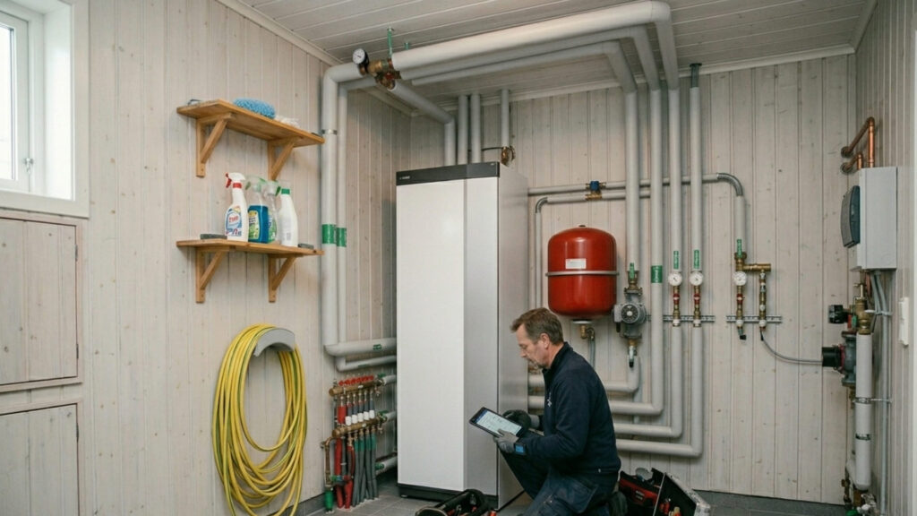 bergvärmepump i villa där tekniker kontrollerar hur länge en bergvärmepump håller
