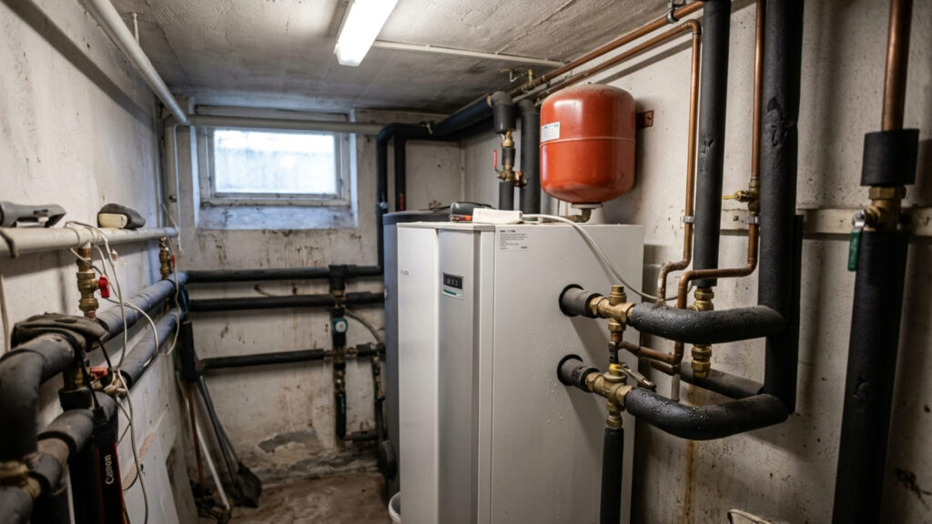Bergvärmepump i Stockholm installerad i källare med rör och ventiler