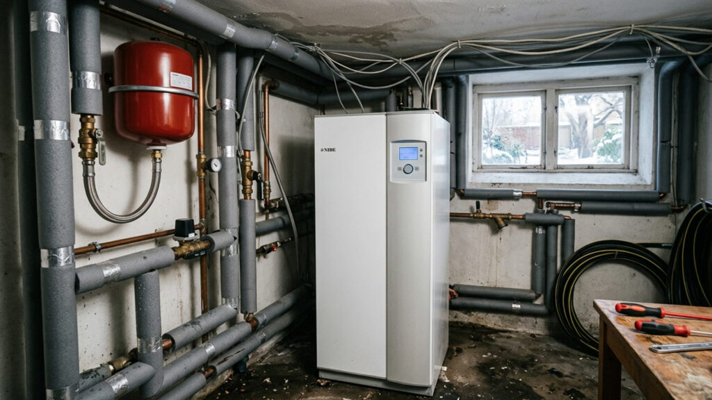 Bergvärmepump i Stockholm i realistiskt teknikrum med isolerade rör och installation