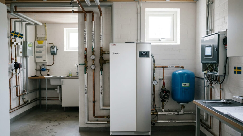 bergvärmepump i en villa installerad i teknikrum med rör och styrpanel