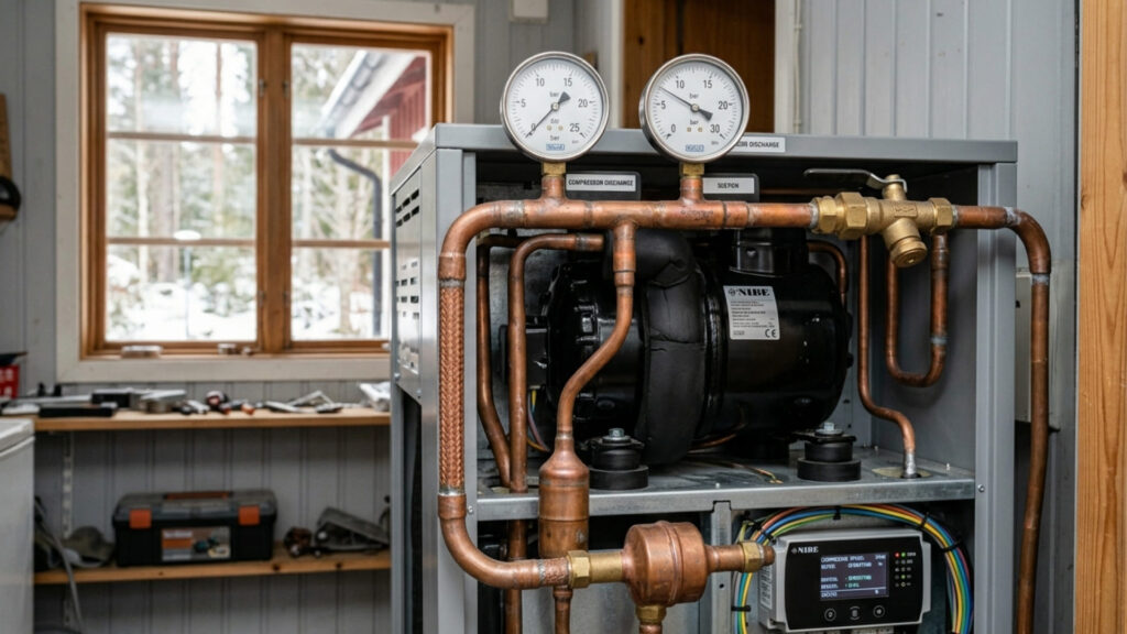 hur fungerar kompressor värmepump med rörsystem och tryck i villa