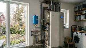 hur fungerar en värmepump i en villa installation i teknikrum