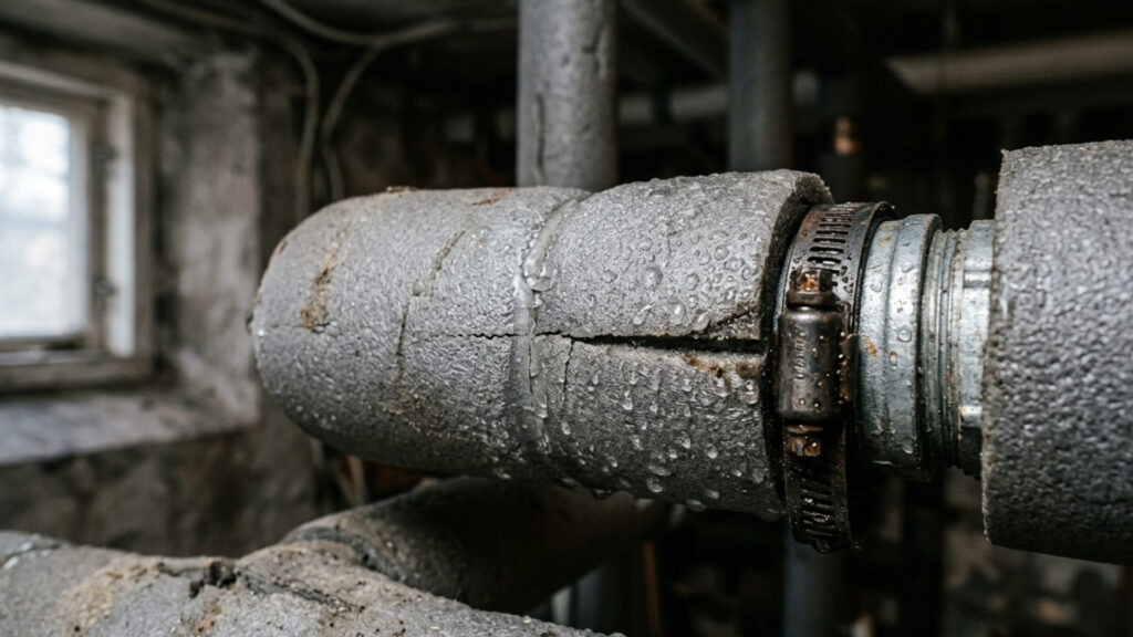 Detalj av isolerade rör till bergvärme i Stockholm med kondens och slitage