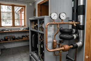 kompressorn i en värmepump i teknikrum i villa som visar hur kompressor fungerar