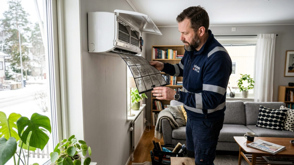 Tekniker som serva värmepump genom att rengöra filter