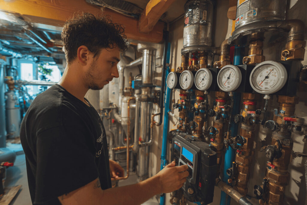 Tekniker som serva värmepump och kontrollerar värmesystem