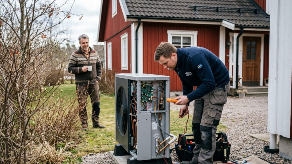 Tekniker som serva värmepump vid villa i Sverige