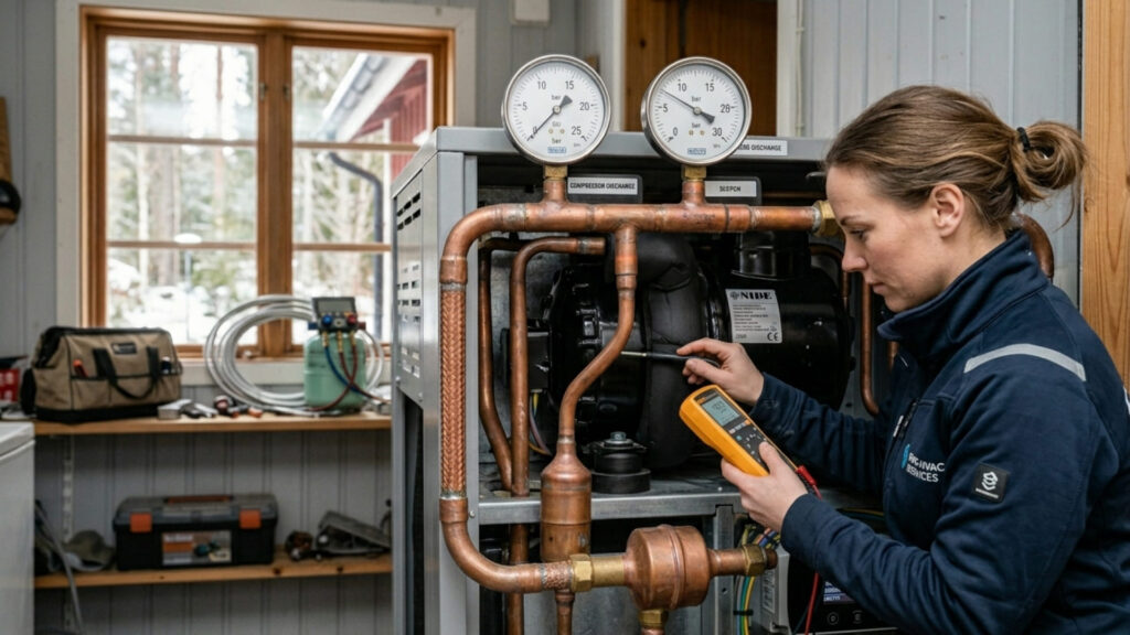 tekniker kontrollerar kompressor värmepump i villa för bättre prestanda
