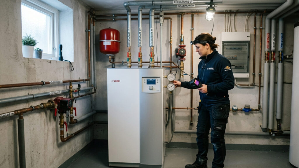 tekniker kontrollerar start stopp värmepump i värmesystem i villa