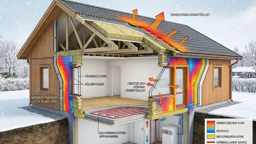 illustration av värmeförlust och värmebehov villa i hus