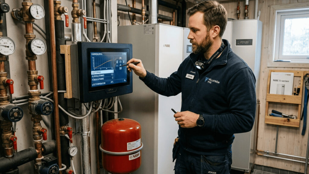 tekniker justerar värmekurva baserat på värmebehov villa