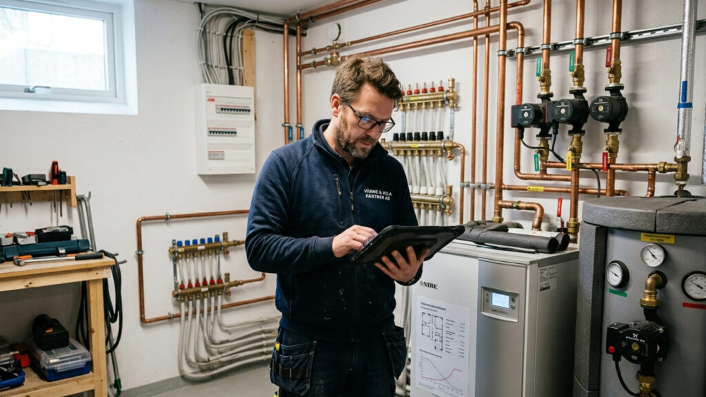tekniker analyserar värmebehov villa vid värmepump i hus