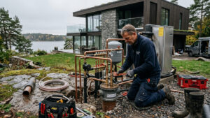 Bergvärmeinstallation vid villa på Lidingö i Stockholm där borrdjup, värmesystem och tomt påverkar bergvärme kostnad i Stockholm.