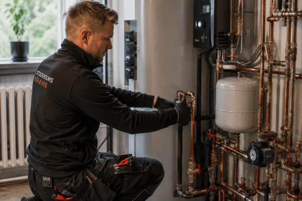 VVS-tekniker justerar inverter värmepump i äldre villa i Stockholm för stabilare drift och lägre elförbrukning.