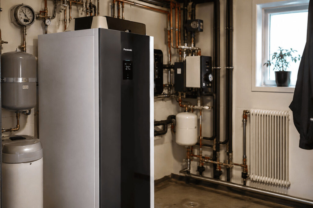 Modernt teknikrum med inverter värmepump i villa i Stockholm för lägre elförbrukning och jämnare värmestyrning.