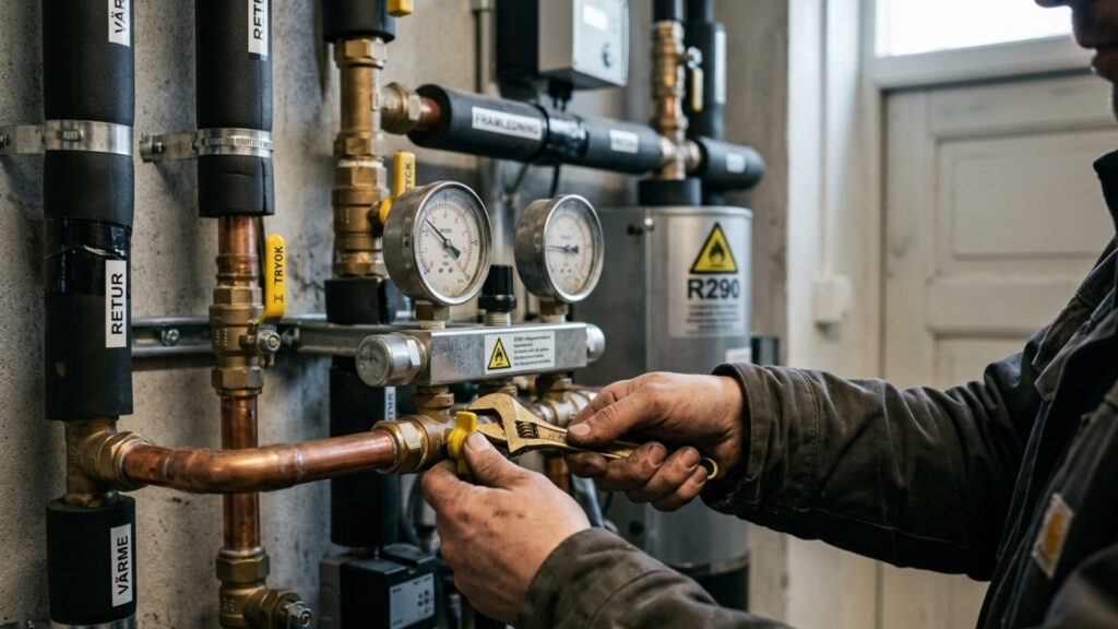 Närbild på R290 värmepump med kopparrör, ventiler och teknisk installation vid villa i Stockholm under service och injustering.