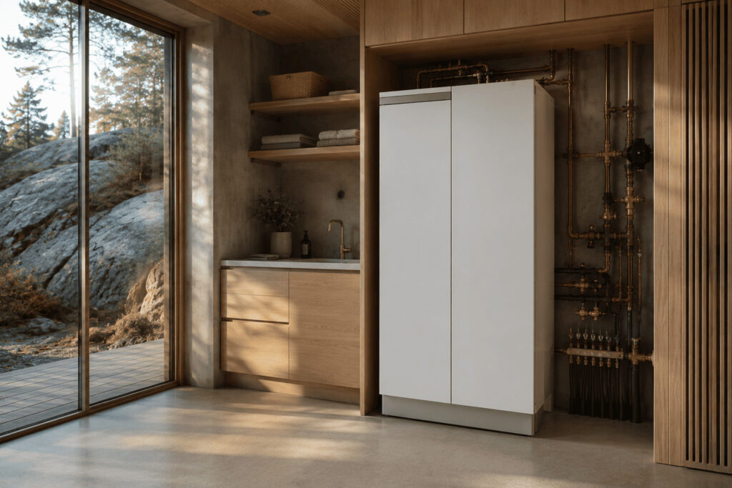 Modern värmepump och bergvärmepump installerad i ett arkitektritat teknikrum i en villa i Stockholm