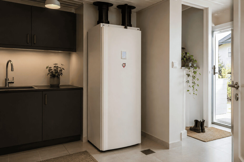 Thermia Ventec frånluftsvärmepump installerad i ett modernt pannrum i en nybyggd villa i Stockholm – ett exempel på vilken värmepump passar bäst för hus med frånluftsventilation.