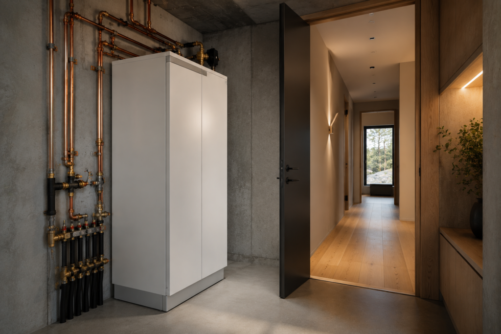 Teknikrum med modern värmepump och bergvärmeinstallation i exklusiv villa i Stockholm