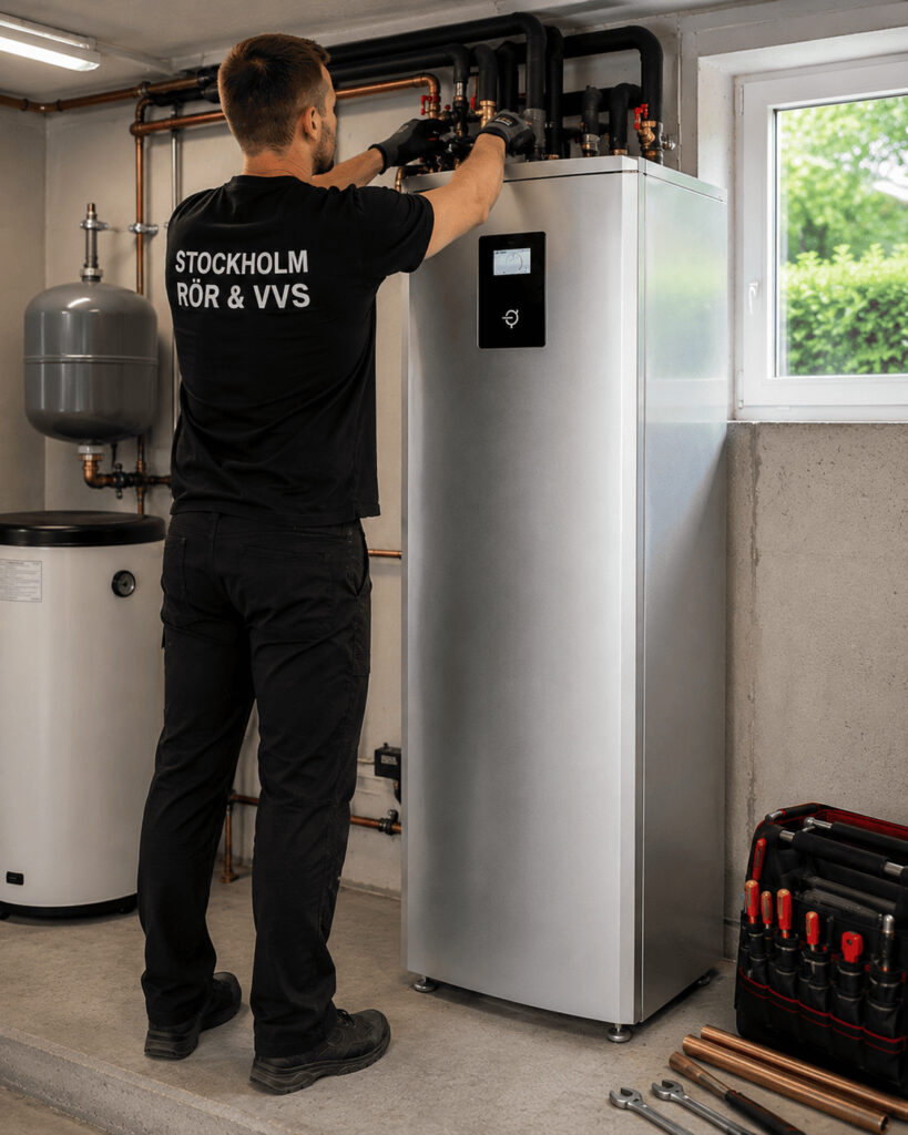 Installatör från Stockholms Rör & VVS installerar en bergvärmepump i en villa – värmepumpar i Täby.