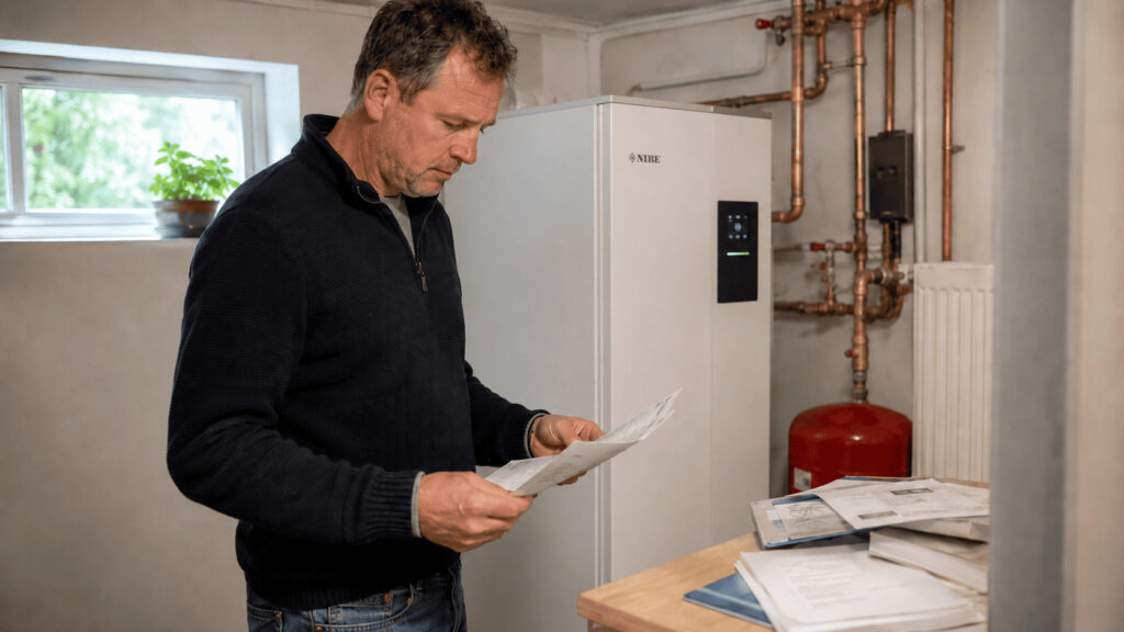 Så länge håller en värmepump när en villaägare granskar dokument framför en nyare NIBE bergvärmepump i ett pannrum