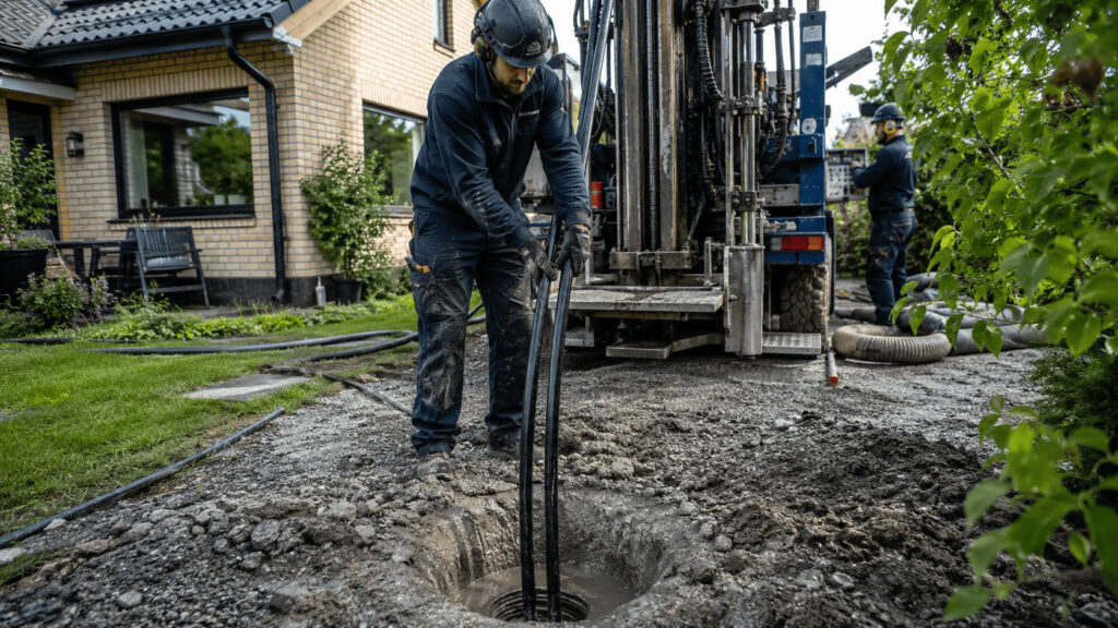 Hem 27 Vad är bergvärme? Borrhål för bergvärme där kollektorslangen installeras för att hämta energi från berggrunden.