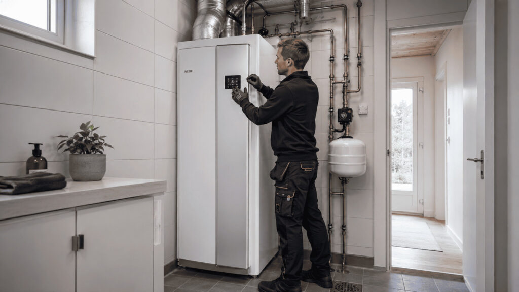 Hem 25 Bidrag för värmepump illustrerat med installation av en NIBE S735 frånluftsvärmepump i en villa i Täby.