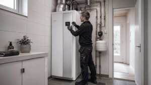 Bidrag för värmepump illustrerat med installation av en NIBE S735 frånluftsvärmepump i en villa i Täby.