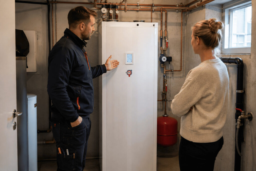 Bidrag för värmepump illustrerat med rådgivning kring en Thermia Ventec i en villa på Lidingö.