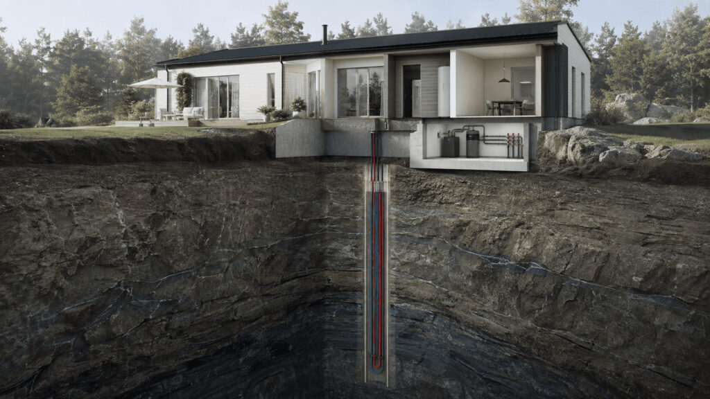 Borrhål för bergvärme med köldbärarslinga som transporterar energi mellan berget och värmepumpen.