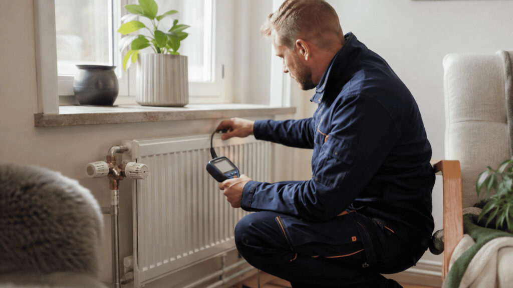 VVS-tekniker kontrollerar radiator och värmeflöde för att bedöma om cirkulationspumpen fungerar