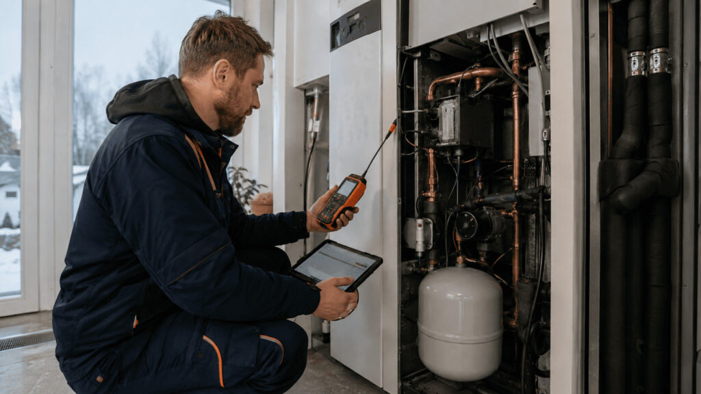 Felsökning av elpatron i bergvärmepump när en VVS-tekniker kontrollerar temperaturer och driftdata.