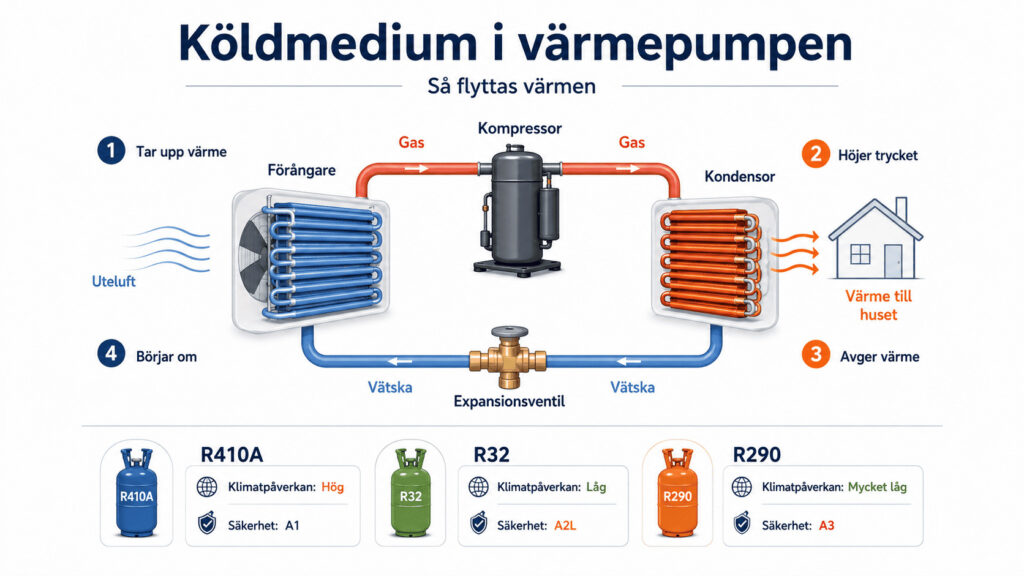 Infografik som visar hur köldmedium i värmepumpen cirkulerar mellan förångare, kompressor, kondensor och expansionsventil.
