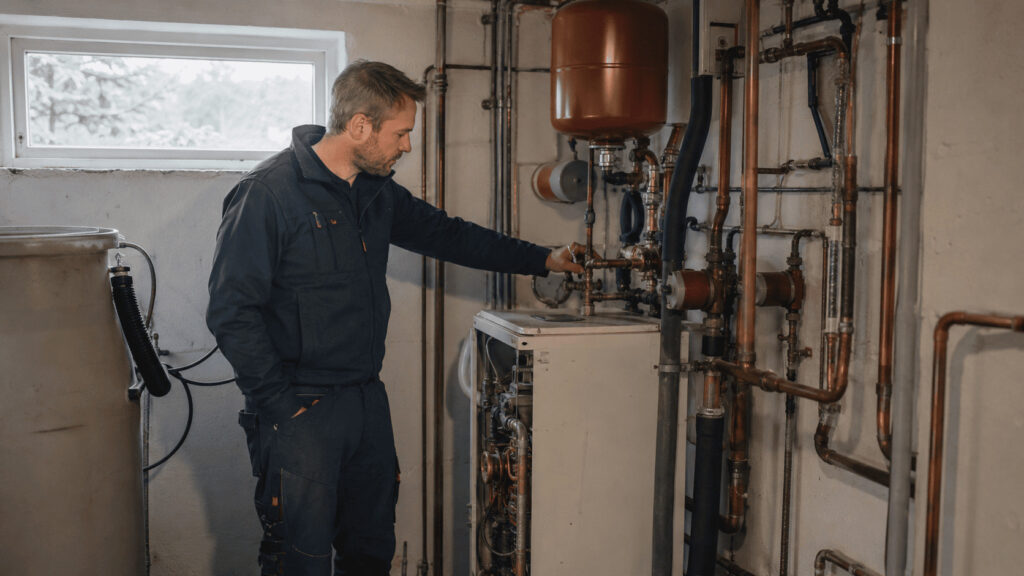 Besiktning av äldre värmesystem inför val av ny bergvärmepump i en villa i Stockholm.
