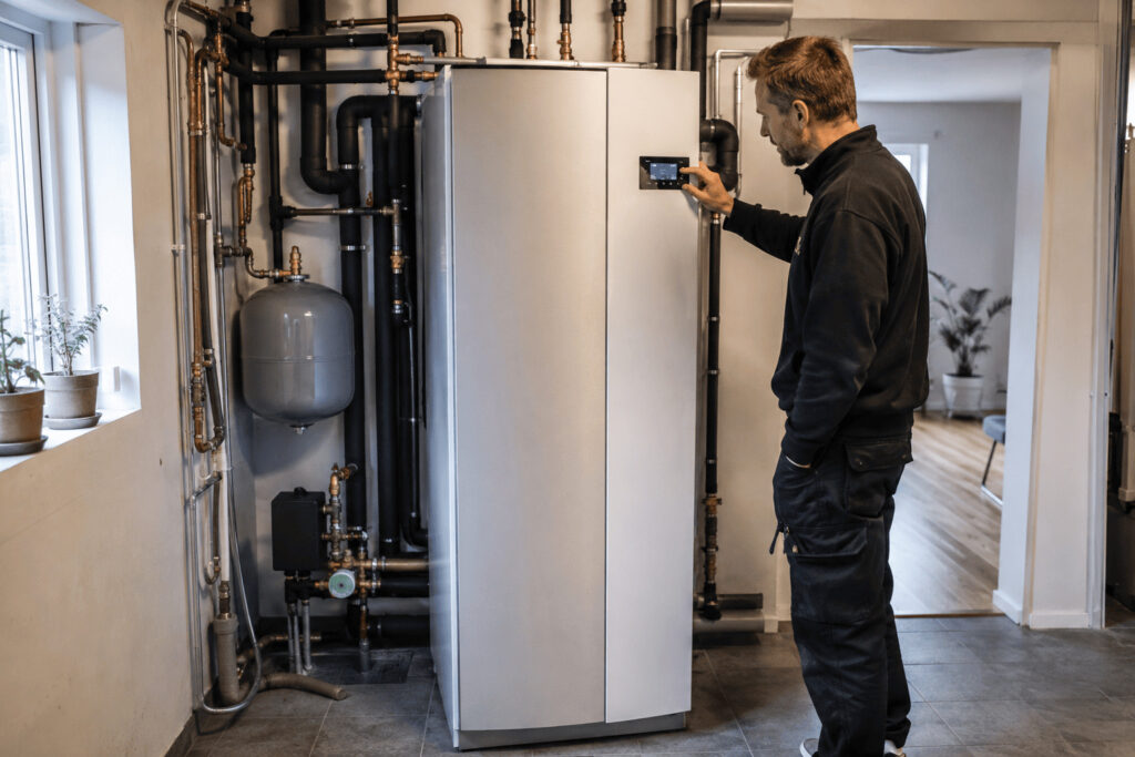 Ny bergvärmepump färdiginstallerad i teknikrum i svensk villa.