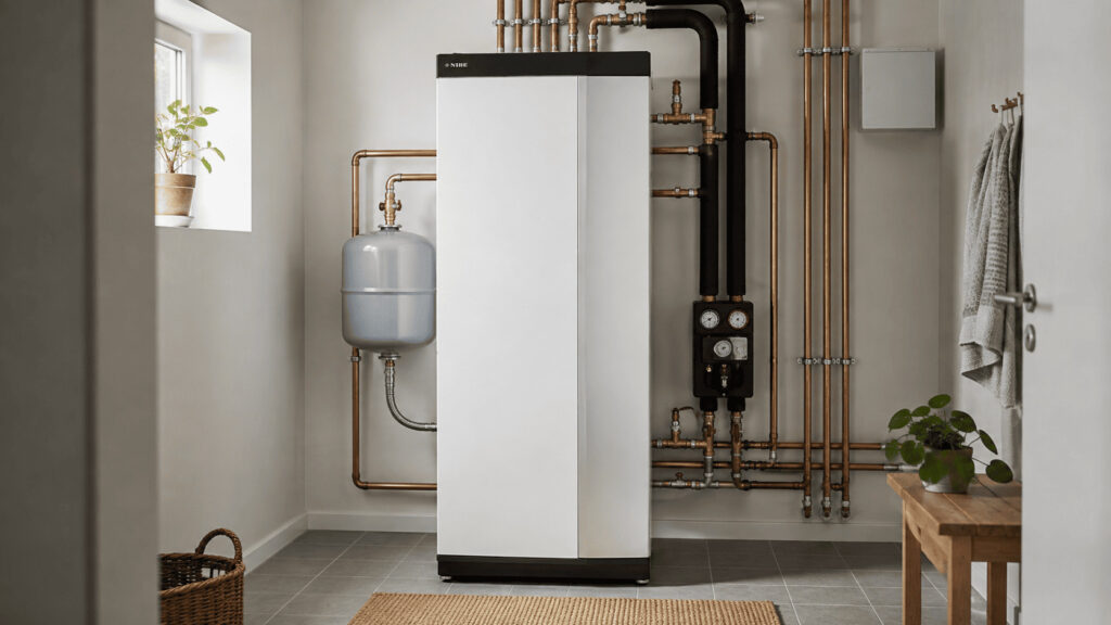 Hem 24 Ny bergvärmepump NIBE S1256 installerad i ett modernt teknikrum i en svensk villa.