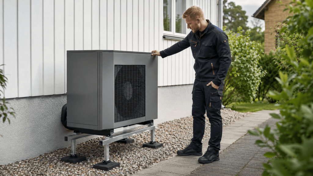 Hem 30 Placering av värmepump när en VVS-tekniker kontrollerar utomhusdelens placering vid en villa.