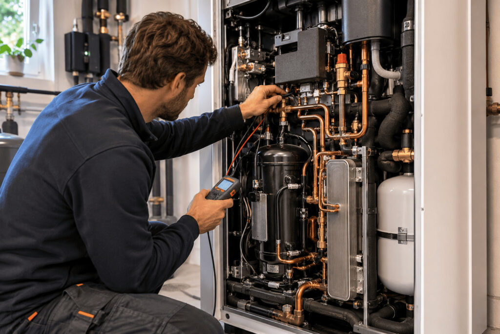 Vad är bergvärme? Insidan av en bergvärmepump med kompressor och värmeväxlare som omvandlar energi från berget till värme.