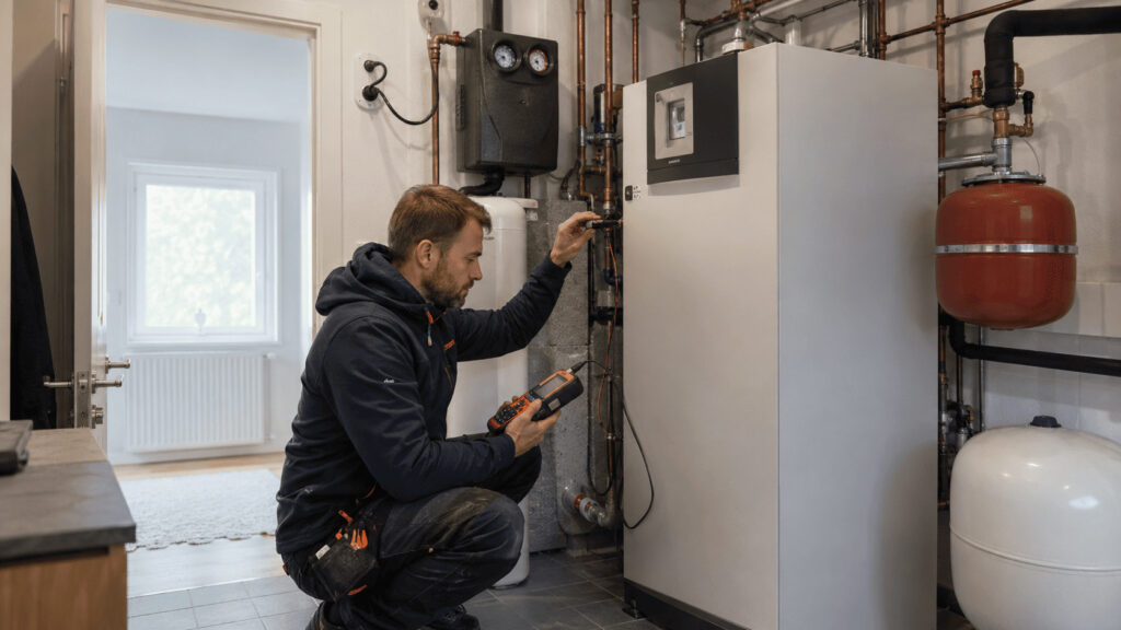 Hem 22 VVS-tekniker felsöker varför värmepumpen värmer inte ett hus i en villa i Stockholm.